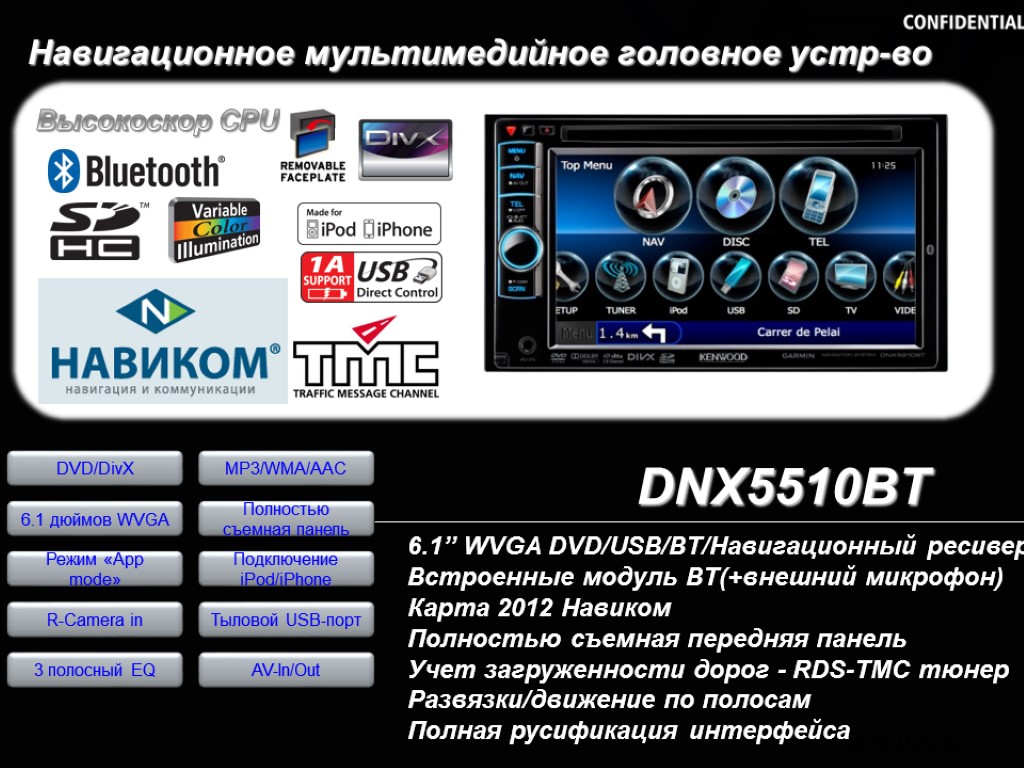 6 Навигационное мультимедийное головное устр-во 6.1’’ WVGA DVD/USB/BT/Навигационный ресивер Встроенные модуль BT(+внешний микрофон) Карта